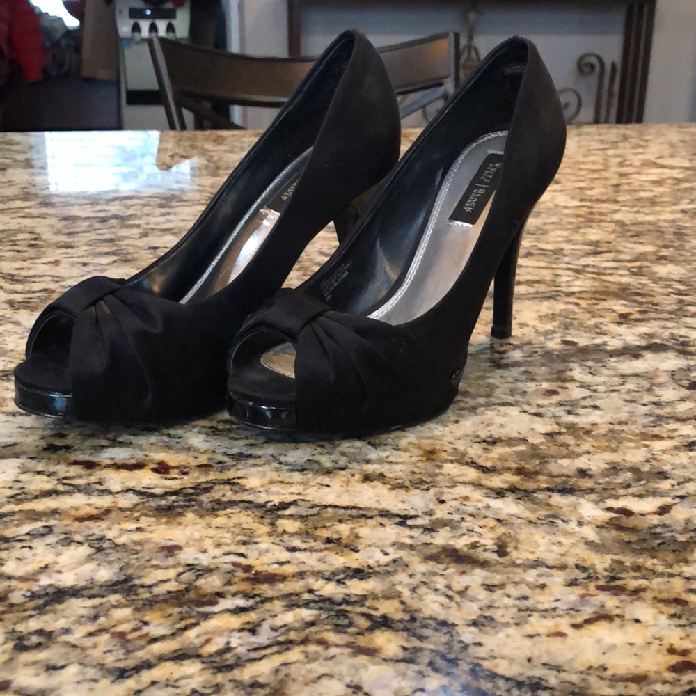 Size 6 WHBM peep toe black satin heels
